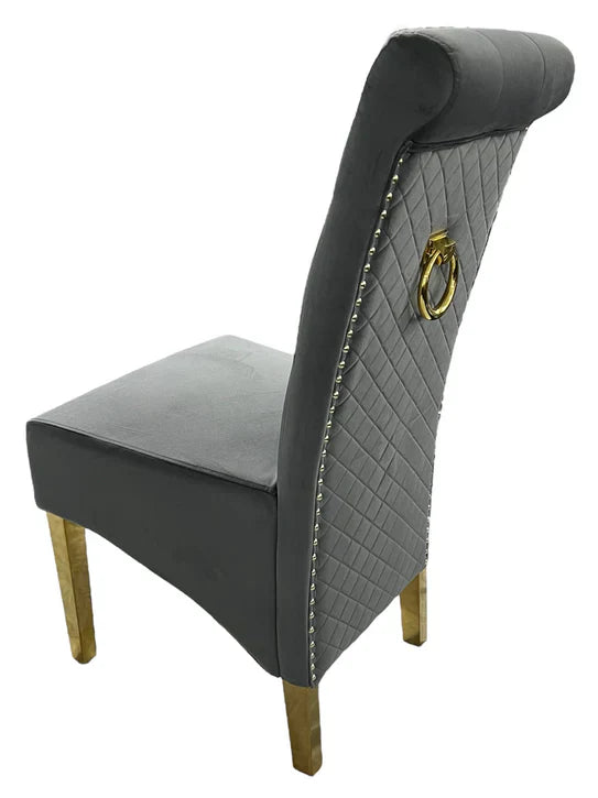 Lucy Gold Ring Knocker Quilted Slim Back Gold Plush Velvet Dining Chair Gold Legs In 3 Colours