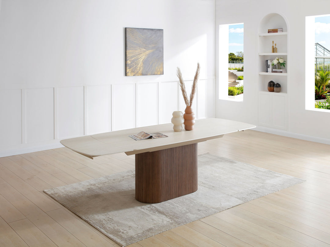 Ginevra 180-260cm Italian Walnut & White Travertine Ceramic Marble Side Extending Dining Table With Milo Walnut Wooden Dining Chairs