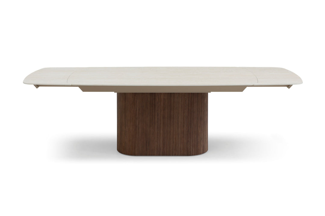 Ginevra 180-260cm Italian Walnut & White Travertine Ceramic Marble Side Extending Dining Table With Milo Walnut Wooden Dining Chairs