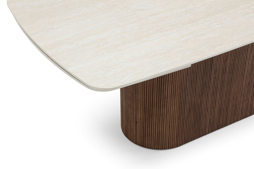 Ginevra 180-260cm Italian Walnut & White Travertine Ceramic Marble Side Extending Dining Table With Milo Walnut Wooden Dining Chairs
