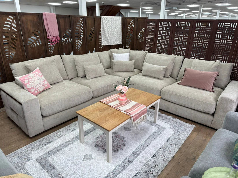 Berlin Sofa Beige Velvet Gold Trim Corner Sofa