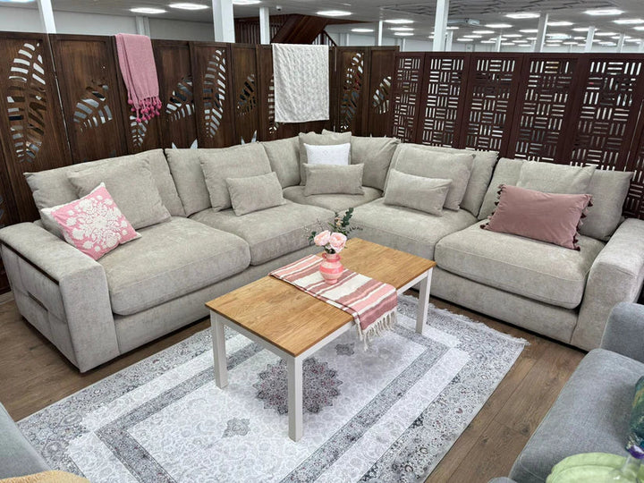 Berlin Sofa Beige Velvet Gold Trim Corner Sofa
