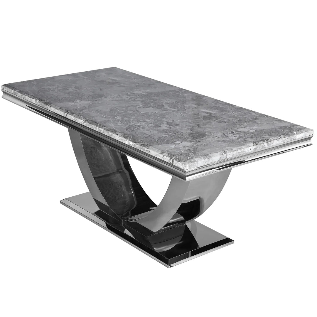Arial Marble & Chrome Dining Table With Lucy Slim Quilted Lion Knocker Velvet Chairs
