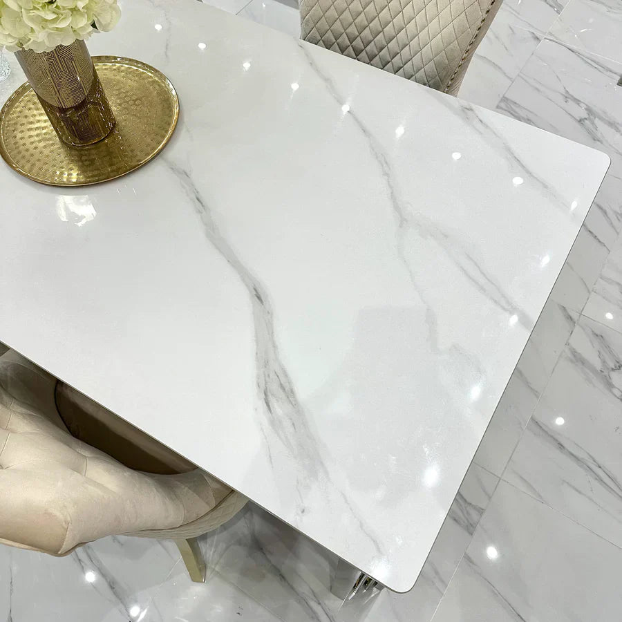 Sorrento 180cm Gold Dining Table with White Ceramic Marble Top + Cream/Gold Lion Knocker Velvet Chairs