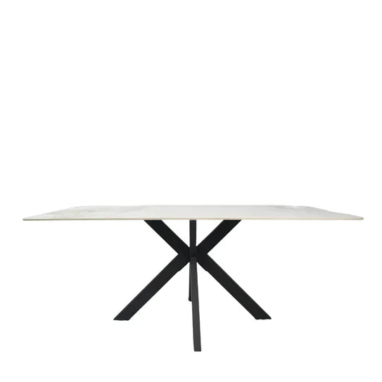 Phoenix 180cm White Ceramic Marble Dining Table With Grey Velvet Black Ring Chairs