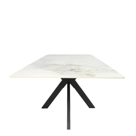 Phoenix 180cm White Ceramic Marble Dining Table With Grey Velvet Black Ring Chairs