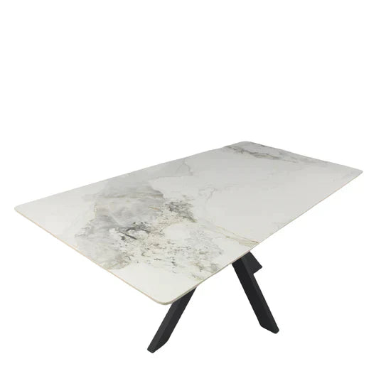 Phoenix 180cm White Ceramic Marble Dining Table With Grey Velvet Black Ring Chairs
