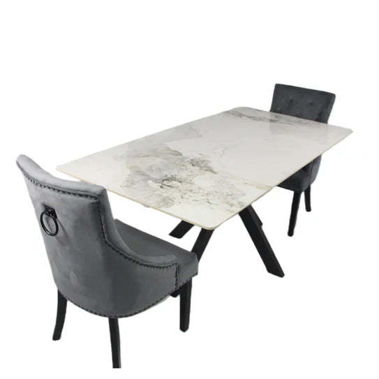 Phoenix 180cm White Ceramic Marble Dining Table With Grey Velvet Black Ring Chairs