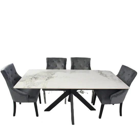Phoenix 180cm White Ceramic Marble Dining Table With Grey Velvet Black Ring Chairs