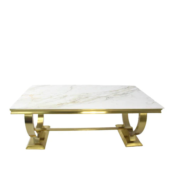 Arianna Marble & Gold Dining Table With Valente Gold Lion Knocker Velvet Chairs