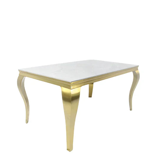Louis Marble & Gold Dining Table With Lucy Slim Quilted Gold Ring Square Knocker Velvet Chairs