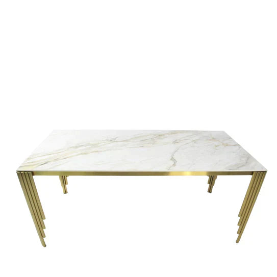 Mayfair 180CM Gold Marble Dining Table With Lucy Gold Ring Knocker Quilted Dining Chairs