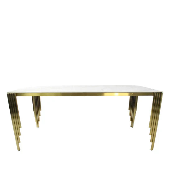 Mayfair 180CM Gold Marble Dining Table With Lucy Gold Ring Knocker Quilted Dining Chairs