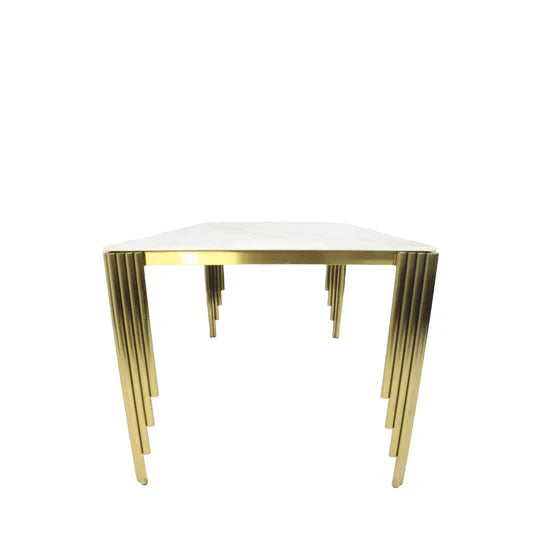 Mayfair 180CM Gold Marble Dining Table With Lucy Gold Ring Knocker Quilted Dining Chairs