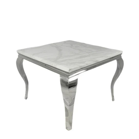 Louis 100CM Marble & Chrome Dining Table With Lucy Slim Quilted Lion Knocker Velvet Chairs