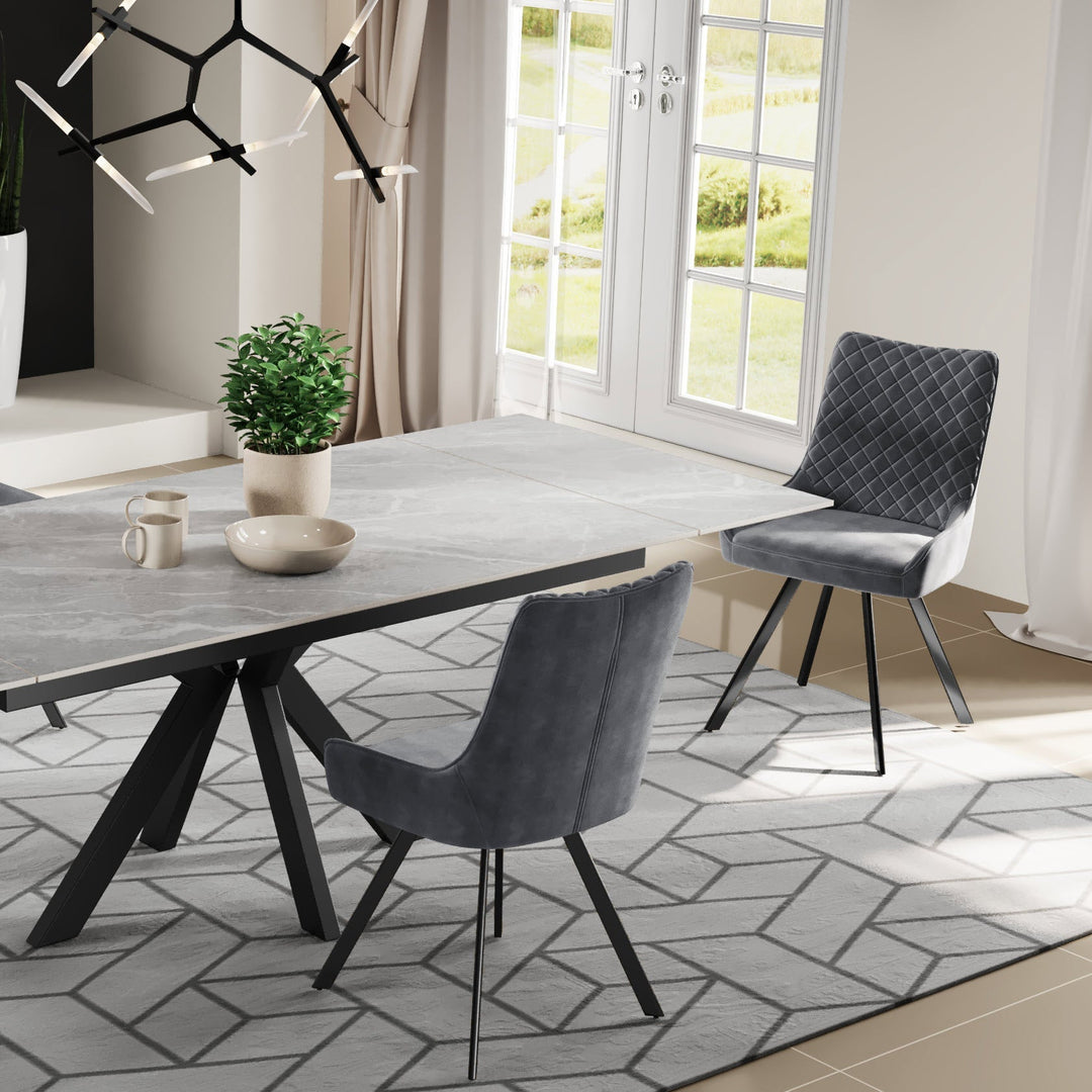 Nova 160-240cm Grey Matt Ceramic Marble Side Extending Dining Table With Velvet Dining Chairs