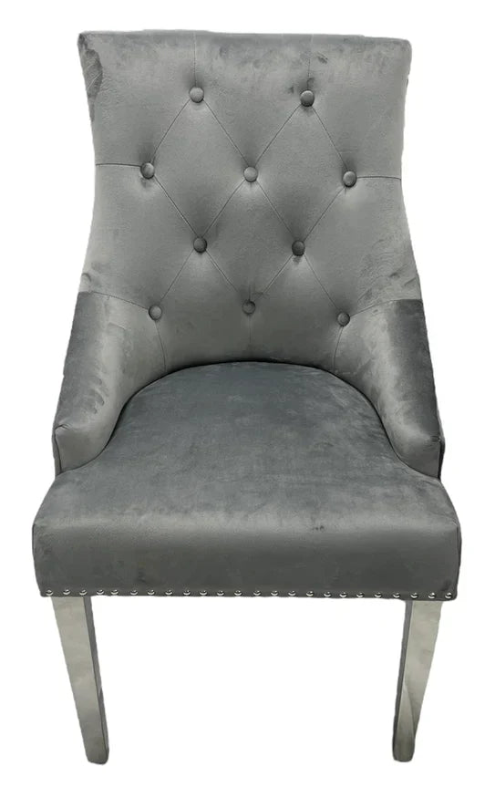 Louis Marble & Chrome Dining Table With Grey Ring Knocker Velvet Chairs & Bench