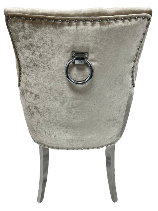 Arianna Marble & Chrome Dining Table With Shimmer Chrome Ring Knocker Chairs