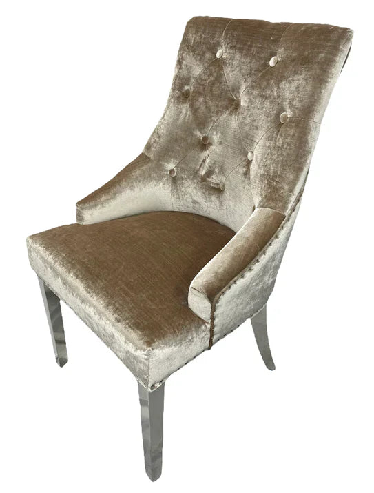 Arianna Marble & Chrome Dining Table With Shimmer Chrome Ring Knocker Chairs