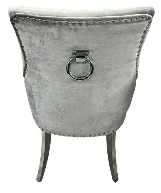 Arianna Marble & Chrome Dining Table With Shimmer Chrome Ring Knocker Chairs