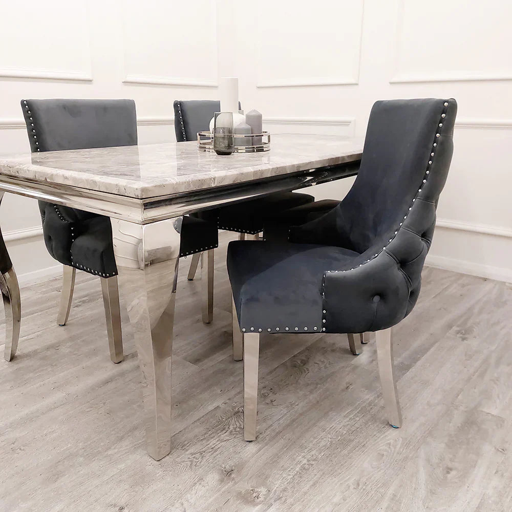 Kensington Dark Grey Button Back Plush Velvet Dining Chair Chrome Legs