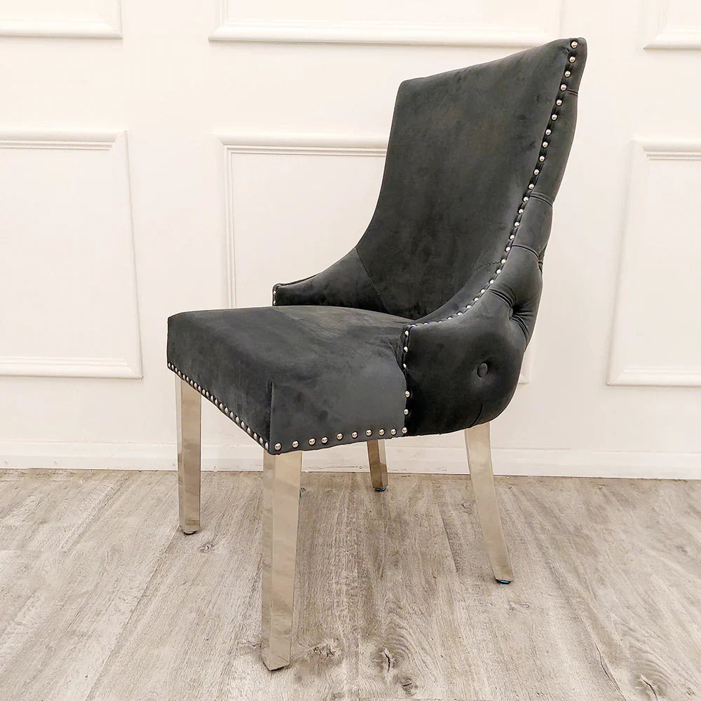 Arial 180cm Marble & Chrome Dining Table With Kensington Grey Button Dining Chairs