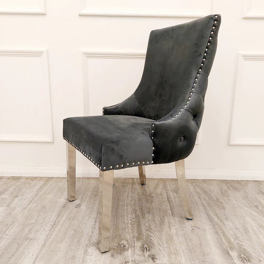 Kensington Dark Grey Button Back Plush Velvet Dining Chair Chrome Legs
