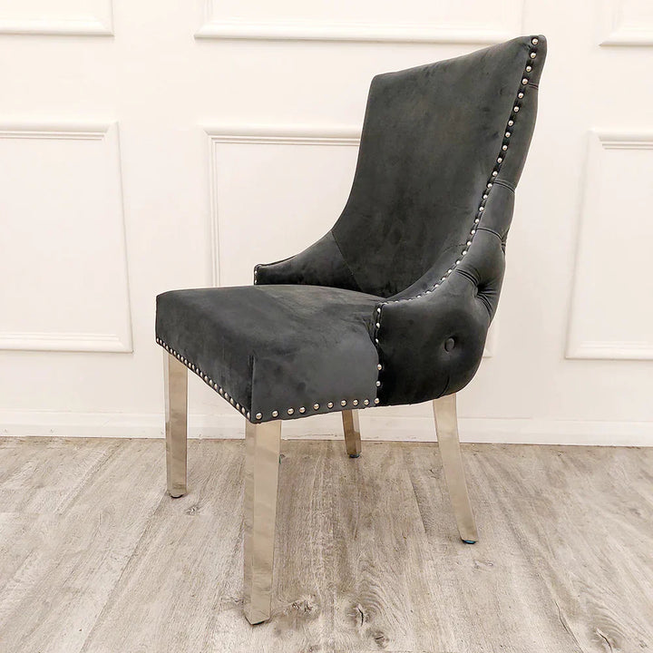 Kensington Dark Grey Button Back Plush Velvet Dining Chair Chrome Legs