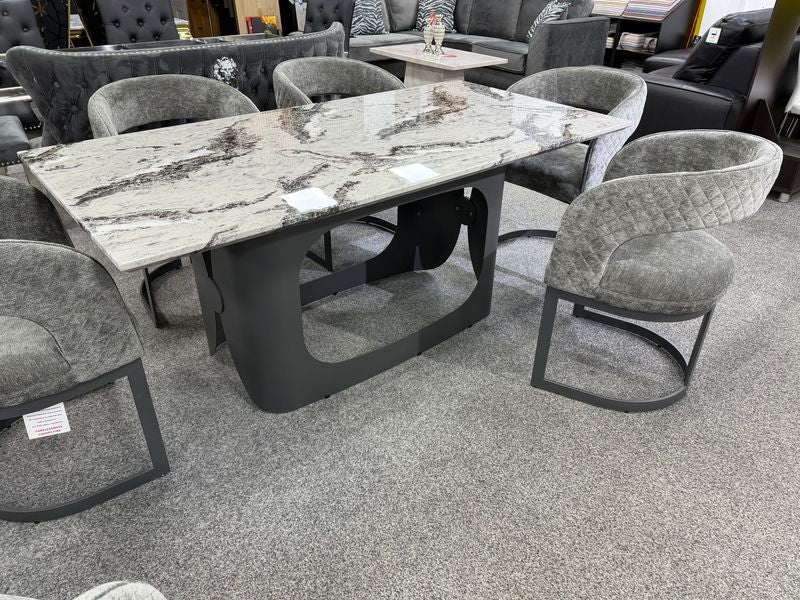 Lina Grey Marble 180cm Dining Table With Grey Velvet Dining Chairs