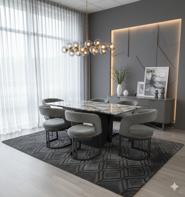 Lina Grey Marble 180cm Dining Table With Grey Velvet Dining Chairs