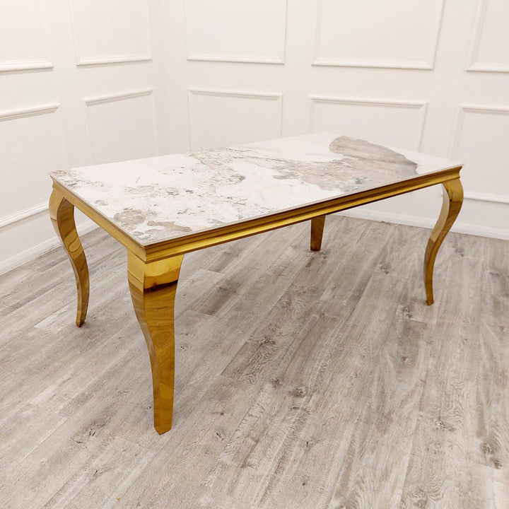 Louis Gold Pandora Gold Sintered Stone Dining Table With Gold Lion Knocker Dining Chairs-Esme Furnishings