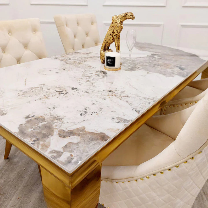 Louis Pandora Gold Marble Dining Table With Gold Lion Knocker Dining Chairs