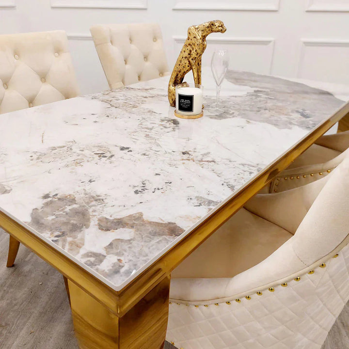 Louis Marble & Gold Dining Table With Quilted Gold Lion Knocker Velvet Chairs