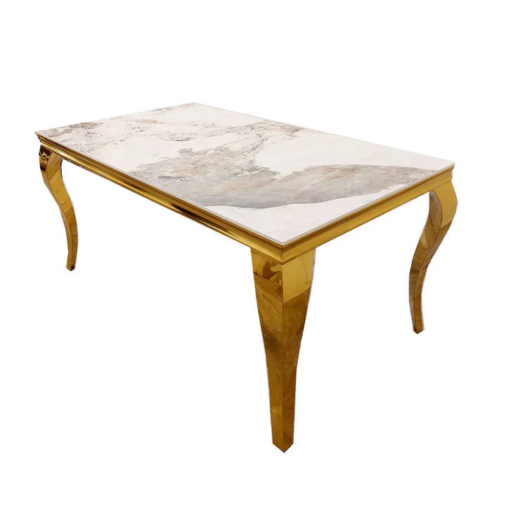 Louis Gold Marble Dining Table With Shimmer Cream Gold Ring Knocker Dining Chairs