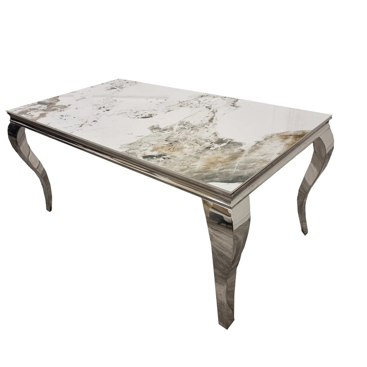Louis 160CM Marble & Chrome Dining Table With Lucy Slim Quilted Lion Knocker Velvet Chairs