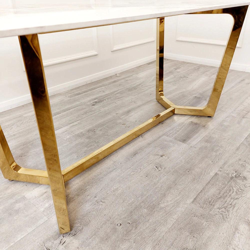 Lucien 180cm Gold Dining Table with Pandora Gold Sintered Stone Top + Gold Lion Knocker Dining Chairs-Esme Furnishings