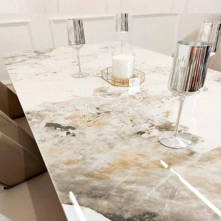 Arianna Marble & Gold Dining Table With Quilted Lion Knocker Velvet Chairs Gold Legs