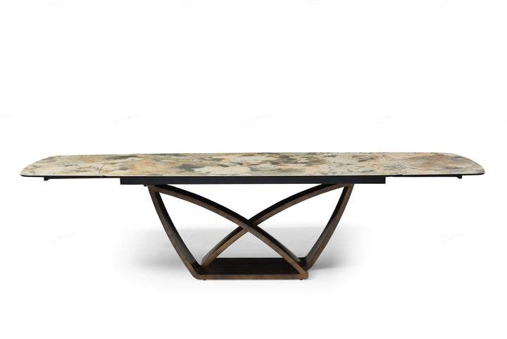 Lavish 200-300cm Italian Pandora Ceramic Marble Side Extending Dining Table With Milo Walnut Wooden Dining Chairs