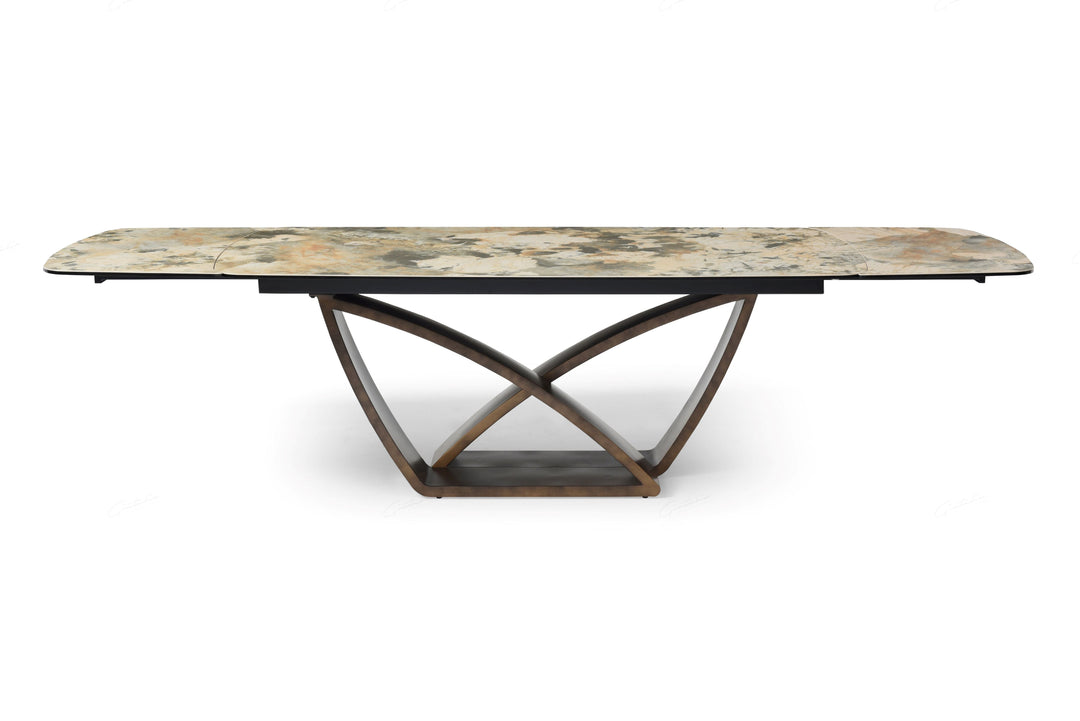 Lavish 200-300cm Italian Pandora Ceramic Marble Side Extending Dining Table With Milo Walnut Wooden Dining Chairs