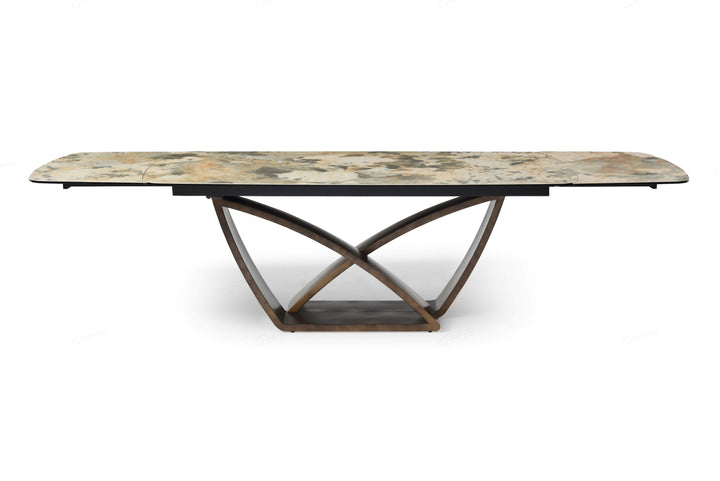 Lavish 200-300cm Italian Pandora Ceramic Marble Side Extending Dining Table With Milo Walnut Wooden Dining Chairs