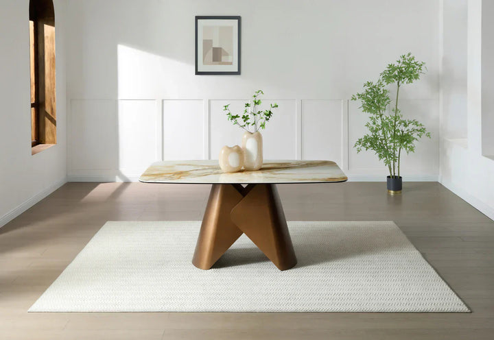 Levente 160cm Italian Brass & White Pandora Classico Ceramic Marble Dining Table