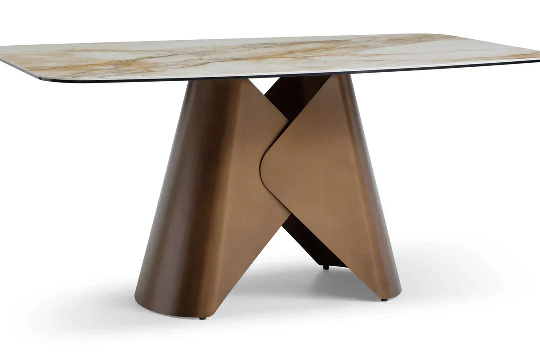 Levente 160cm Italian Brass & White Pandora Classico Ceramic Marble Dining Table