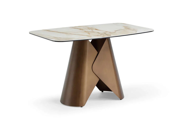 Levente 120cm Italian Brass & White Pandora Classico Ceramic Marble Dining Table