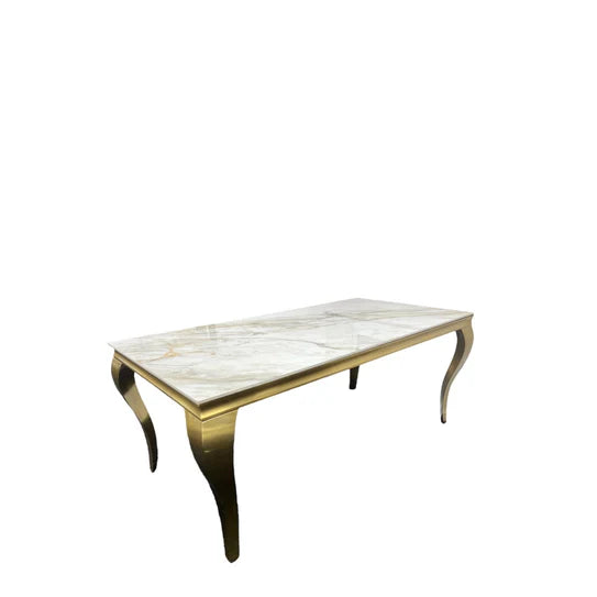 Louis Marble & Gold Dining Table With Lucy Slim Quilted Gold Ring Square Knocker Velvet Chairs