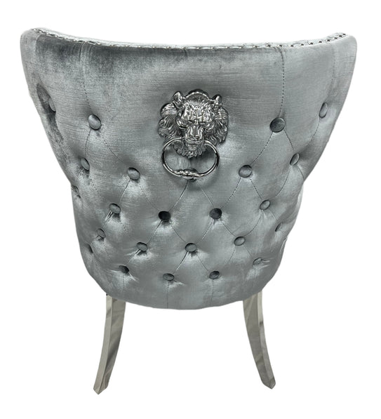 Valentino Shimmer Velvet Fabric Button Back Lion Knocker Quilted Dining Chair In 3 Colours