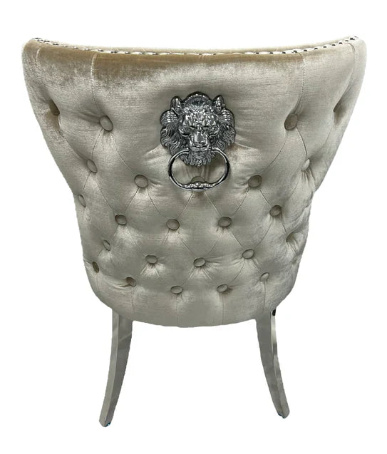Arial Marble & Chrome Dining Table With Valentino Lion Knocker Velvet Chairs