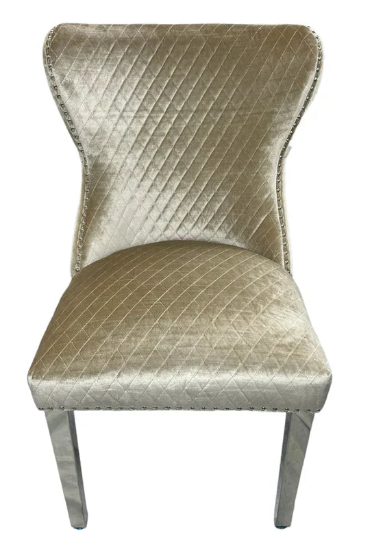 Arial Marble & Chrome Dining Table With Valentino Lion Knocker Velvet Chairs