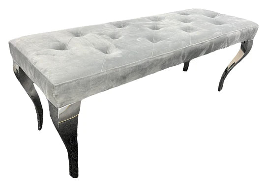 Louis 120cm Marble & Chrome Dining Table With Grey Lion Knocker Velvet Chairs & Bench