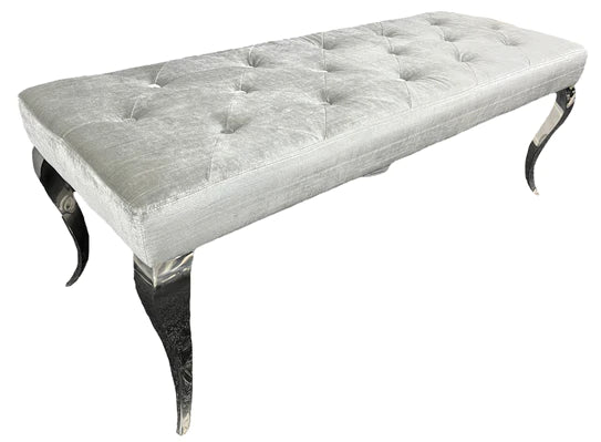 Louis Marble & Chrome Dining Table With Grey Quilted Lion Knocker Velvet Chairs & Bench