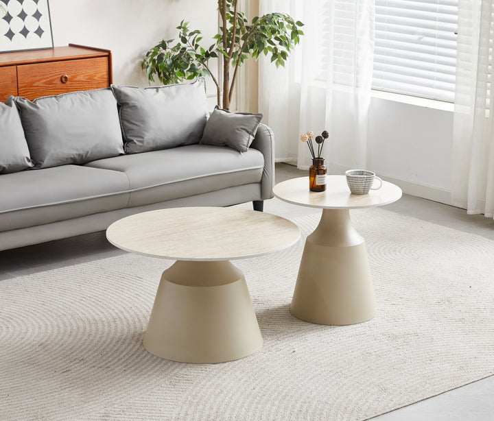 Luna Matt Taupe & Travertine Ceramic Marble Set of 2 Nest Of Tables